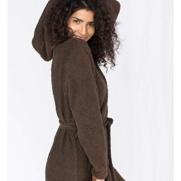 Mina Lisa Feather Knit Hooded Lounge Robe in Cocoa S - Picture 3 of 8